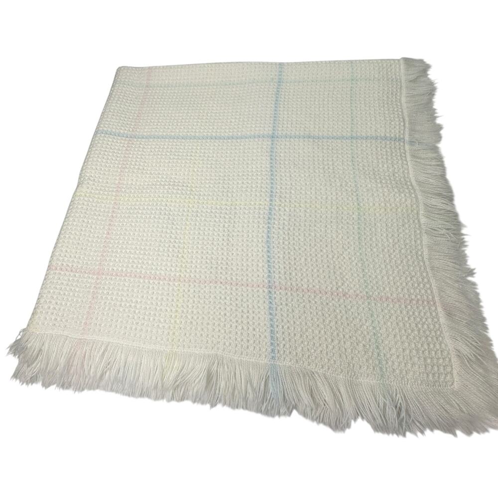Vintage Waffle Weave Baby Blanket White Pink Blue Plaid Italy Soft Fringe 36x36
